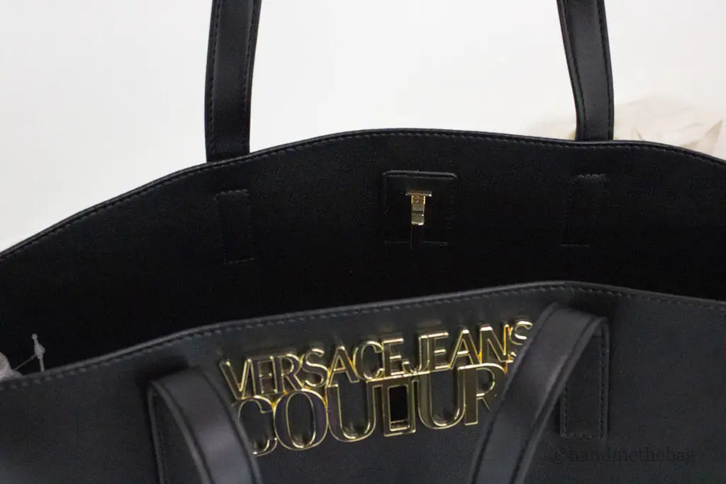 Versace Jeans Couture Black Grained Faux Leather Logo Lock Tote Shoulder Handbag