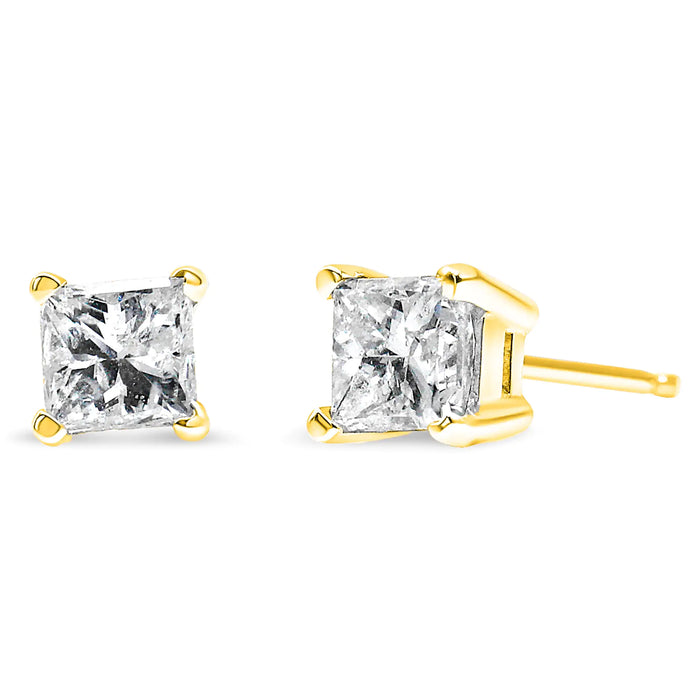 AGS Certified 14k Gold 4-Prong Set Princess-Cut Solitaire Diamond Push Back Stud Earrings (I-J Color, SI2-I1 Clarity) - ShopSwiftly