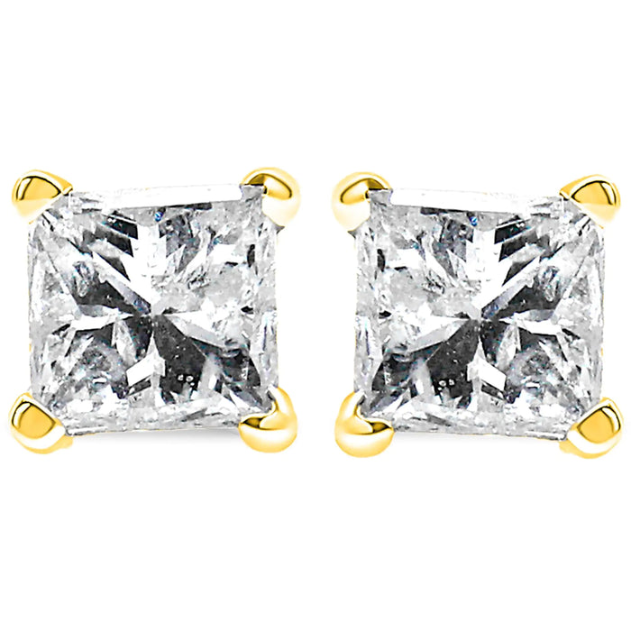 AGS Certified Princess-Cut Square Diamond 4-Prong Solitaire Stud Earrings in 14K Gold (H-I Color, I1-I2 Clarity) - ShopSwiftly