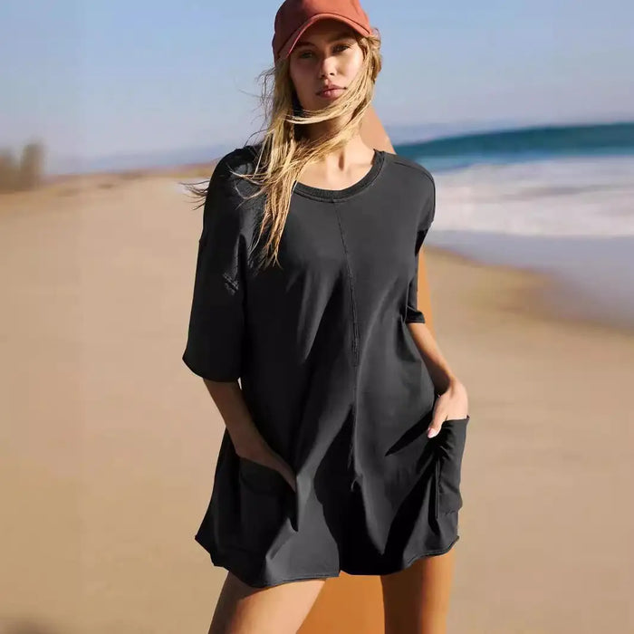 Rompers for Women Casual Short Sleeve Oversized Athletic Workout Reversible Hot Shot Tee Romper Deep Pockets - ShopSwiftly