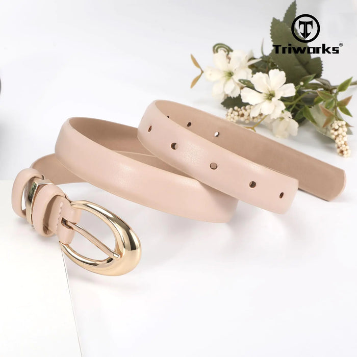 Women Leather Belt for Jeans Pants Fashion Ladies Skinny Faux Leather Dress belt with Gold Buckle Fit Wasit Size 27"-31" Beige