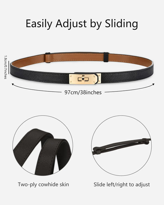 Women's Skinny Leather Belt with Adjustable Silver Turn-Lock Buckle - Ideal for Dresses, Jeans, and Coats, Black White / Gold