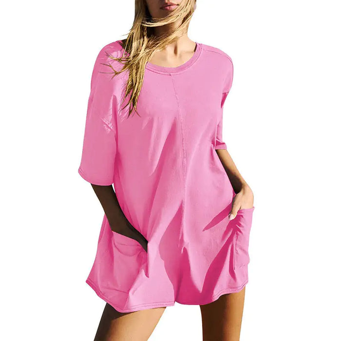 Rompers for Women Casual Short Sleeve Oversized Athletic Workout Reversible Hot Shot Tee Romper Deep Pockets - ShopSwiftly