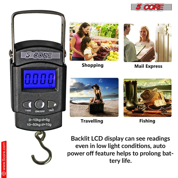 5Core Digital Fishing Scale 110lb/50kg Hanging Luggage Weighing Scales w Measuring Tape