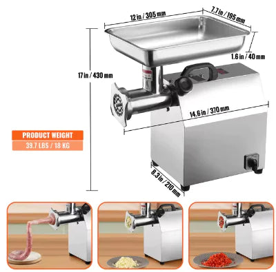 Electric Meat Grinder Food Processors Sausage Maker Filler Mincer Stuffer Stainless Steel with 2 Blades for Home Kitchen