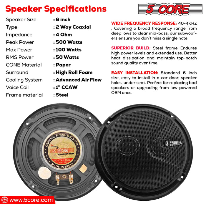 5Core Car Speakers 6 Inch 2 Way Replacement Loud Coaxial 4 Ohm Component Stereo Door Speaker Set