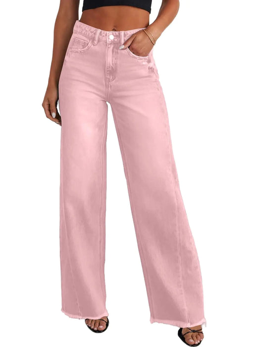 Sidefeel Women's Wide Leg Jeans High Waisted Strechy Raw Hem Denim Pants 18 Pink