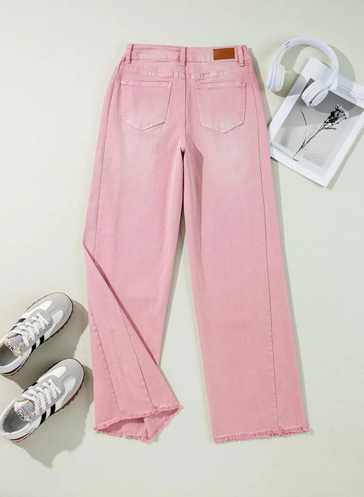 Sidefeel Women's Wide Leg Jeans High Waisted Strechy Raw Hem Denim Pants 18 Pink