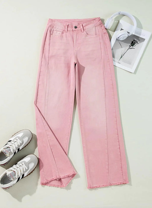 Sidefeel Women's Wide Leg Jeans High Waisted Strechy Raw Hem Denim Pants 18 Pink