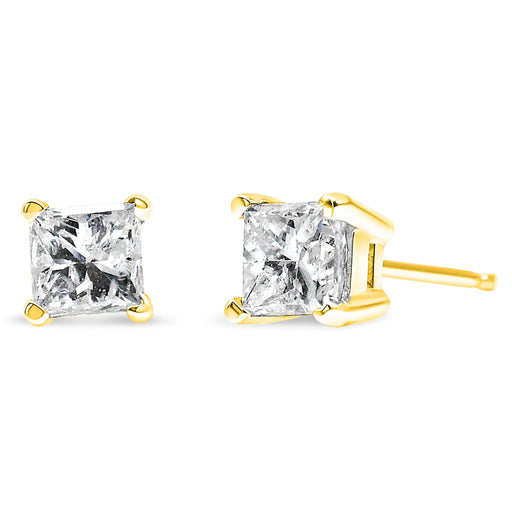 AGS Certified Princess-Cut Square Diamond 4-Prong Solitaire Stud Earrings in 14K Yellow Gold (L-M Color, SI1-SI2 Clarity) - ShopSwiftly