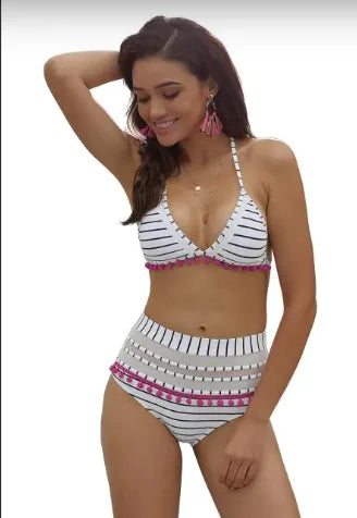 Blue White Striped Pom Pom Bikini - ShopSwiftly