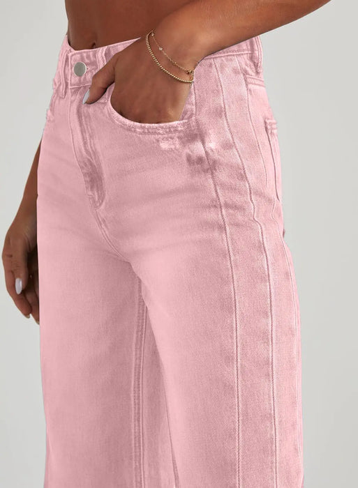 Sidefeel Women's Wide Leg Jeans High Waisted Strechy Raw Hem Denim Pants 18 Pink