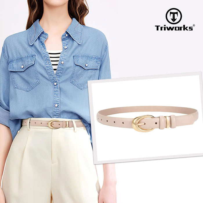 Women Leather Belt for Jeans Pants Fashion Ladies Skinny Faux Leather Dress belt with Gold Buckle Fit Wasit Size 27"-31" Beige