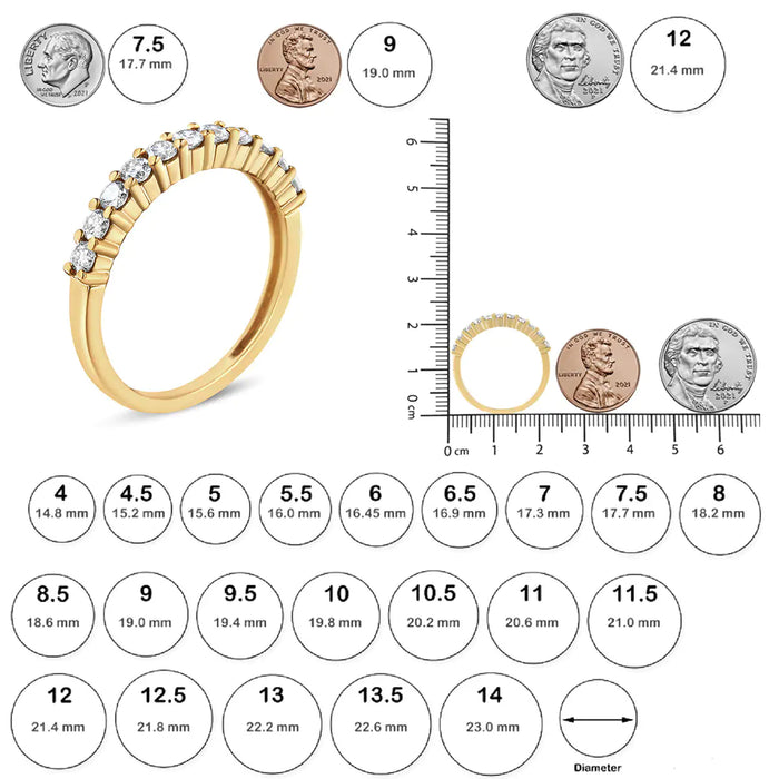 14K Yellow Gold Plated .925 Sterling Silver 1/2 cttw Shared Prong Set Brilliant Round-Cut Diamond 11 Stone Band Ring (K-L Color, SI2-I1 Clarity) - ShopSwiftly