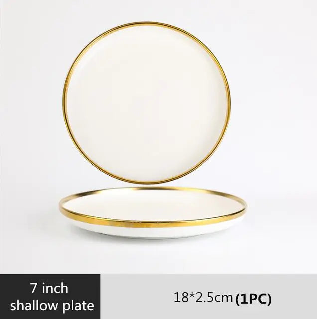 High-quality Matte Gilt Rim White Porcelain Dinner Tray Kitchen Plates Ceramic Tableware Food Dishes Rice Salad Noodles Bowl