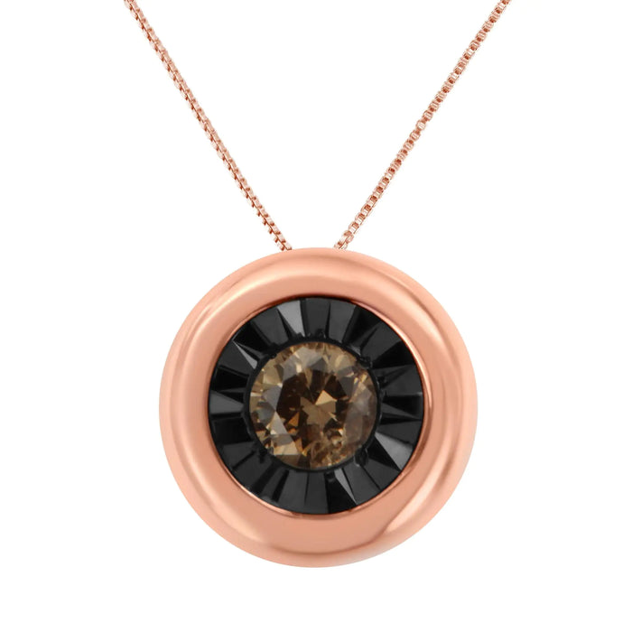 Black Rhodium over 10K Rose Gold 1/10 Carat Diamond Two Tone Round Miracle-Plate Solitaire 18” Pendant Necklace (Champagne Color, I2-I3 Clarity) - ShopSwiftly