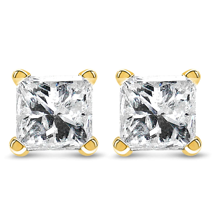 AGS Certified 14K Gold 4-Prong Set Princess-Cut Solitaire Diamond Push Back Stud Earrings (J-K Color, I1-I2 Clarity) - ShopSwiftly