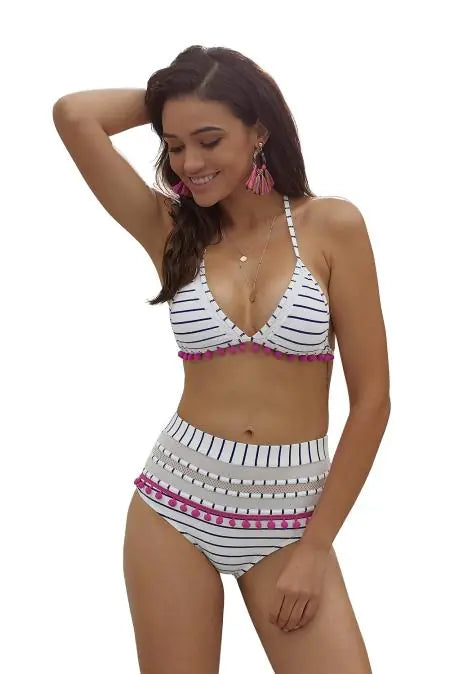 Blue White Striped Pom Pom Bikini - ShopSwiftly