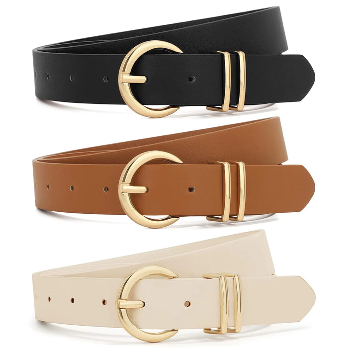 XZQTIVE 3 Pack Women Belts For Jeans Dresses Pants Ladies Leather Waist Belt with Gold Buckle 00 Black+brown+beige Fit Pant 25-30in