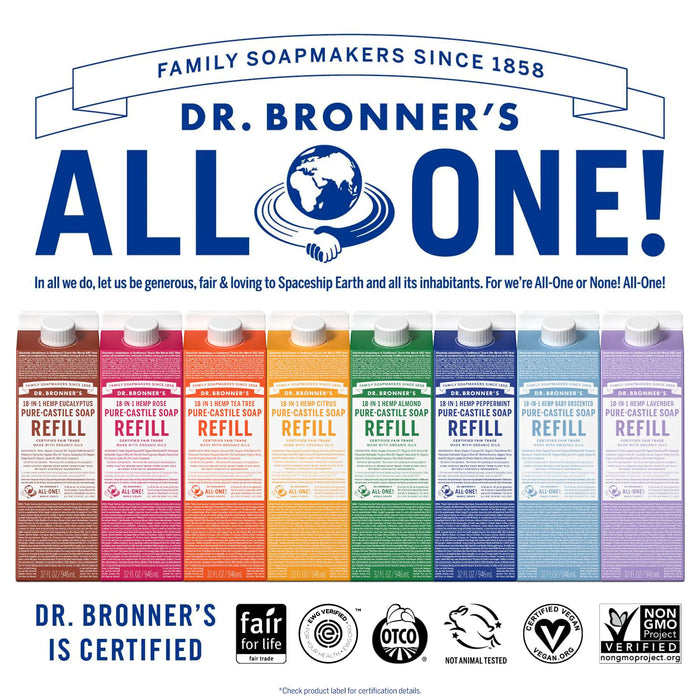 Dr. Bronner's - Pure-Castile Liquid Soap Refill, 82% Less Plastic per Quart, Made with Organic Oils, 18-in-1 Uses, For Face, Body, Hand Soap Refill, Hair, Laundry, Pets & Dishes (32oz, Tea Tree)