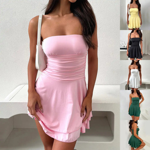 Y2K Tube-top Short Dress Summer Sexy Pleated Tight Dresses For Womens Clothing - ShopSwiftly