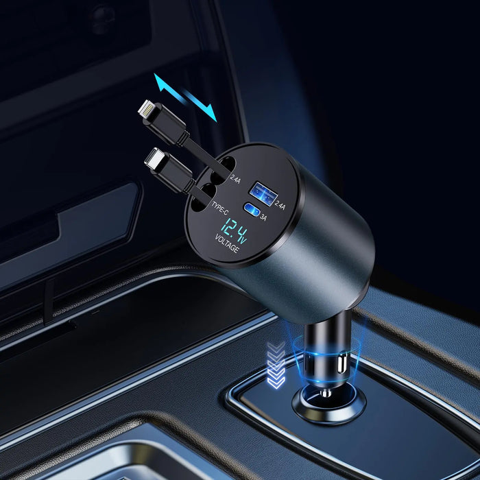 TIKTOK SHOP Retractable Car Charger, 4 in 1 Fast Car Phone Charger 66W, Retractable Cables and USB Car Charger,Compatible with iPhone 15/14/13/12/11,Galaxy,Pixel - ShopSwiftly