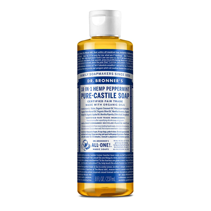 Dr. Bronner's - Pure-Castile Liquid Soap (Peppermint, 8 Ounce) - Made with Organic Oils, 18-in-1 Uses: Face, Body, Hair, Laundry, Pets and Dishes, Concentrated, Vegan, Non-GMO 8 Fl Oz (Pack of 1)