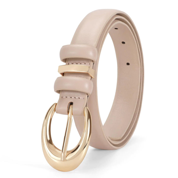 Women Leather Belt for Jeans Pants Fashion Ladies Skinny Faux Leather Dress belt with Gold Buckle Fit Wasit Size 27"-31" Beige